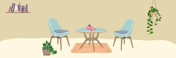 A cozy corner with books and plants to have a conversation